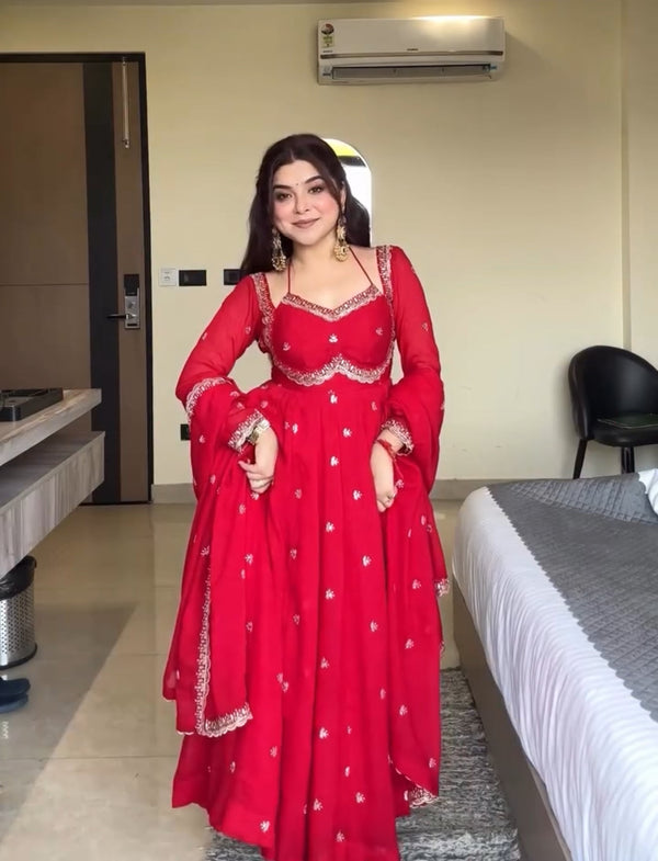 Red Chilli Slit Anarkali Premium Suit Set