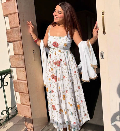 White Premium Anarkali Gown with Elegant Dupatta Set