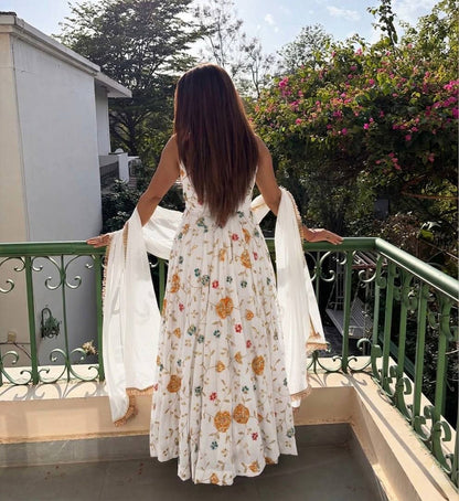 White Premium Anarkali Gown with Elegant Dupatta Set