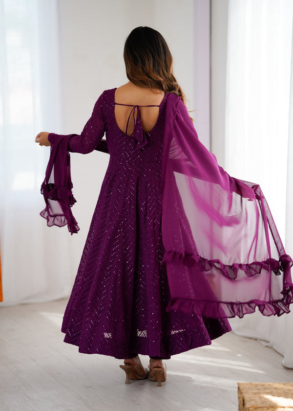 Wine Embroidery Heavy Fox Georgette Anarkali Gown