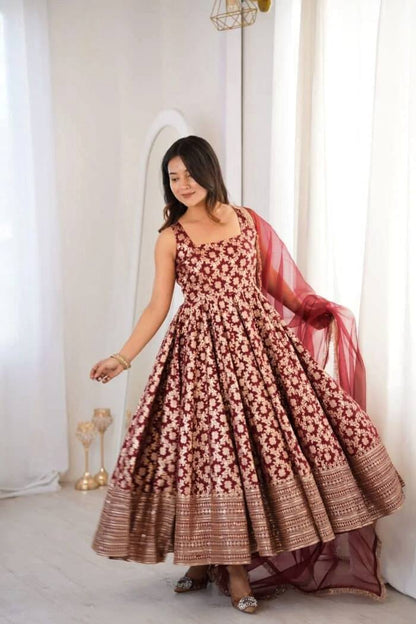 Elegant Maroon Ethnic Anarkali Gown with Dupatta