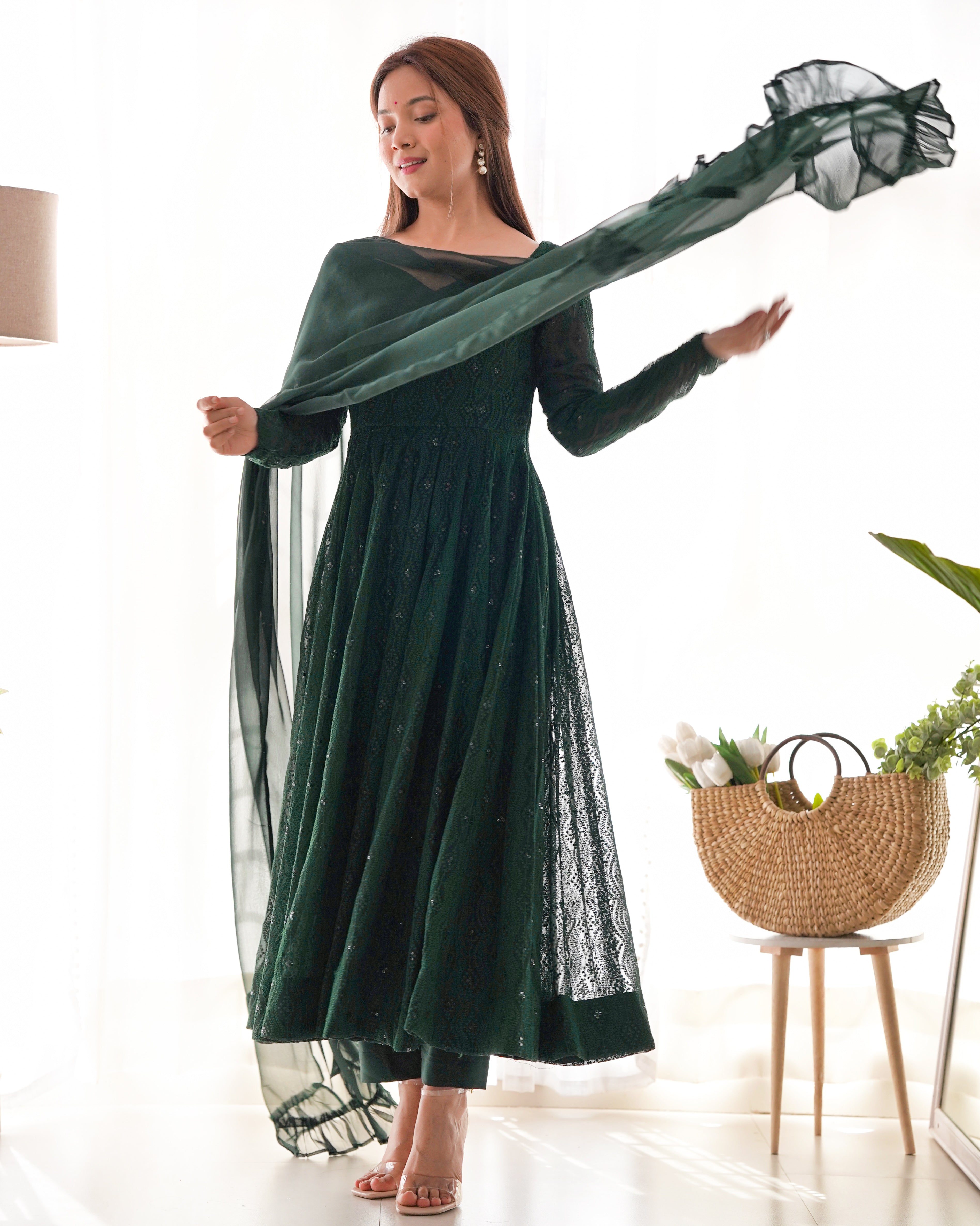 Green Embroidered Georgette Suit Set