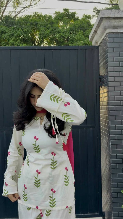 Ivory Floral Kurta Palazzo Set with Olive Green Dupatta