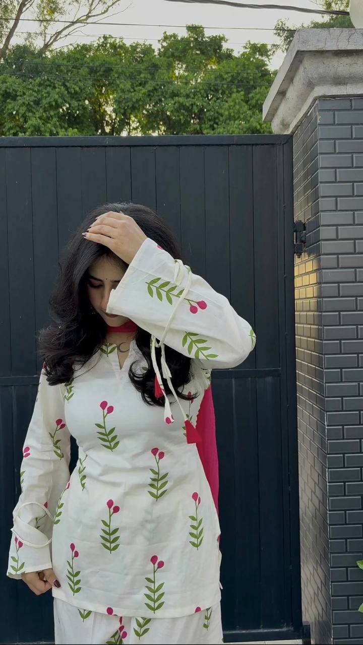 Ivory Floral Kurta Palazzo Set with Olive Green Dupatta