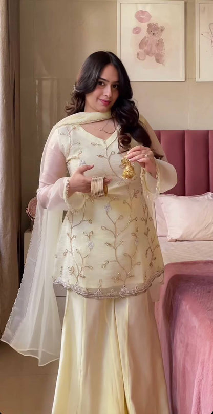 Elegant Ivory Floral Embroidered Sharara Suit Set