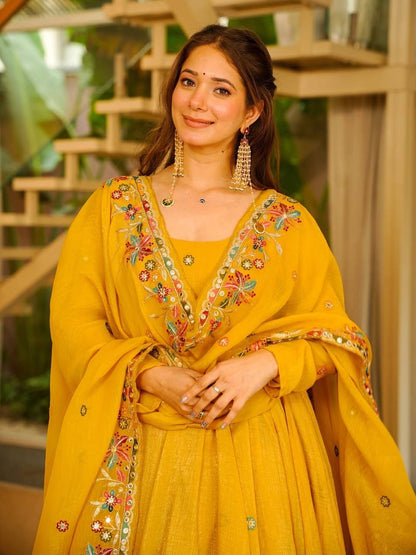 Nilam yellow Embroidered Stylish Anarkali Suit Set