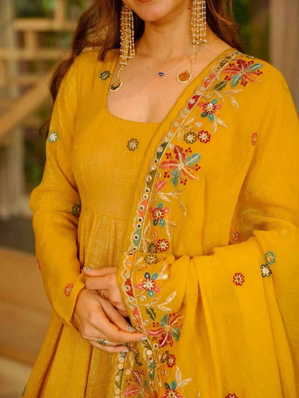 Nilam yellow Embroidered Stylish Anarkali Suit Set