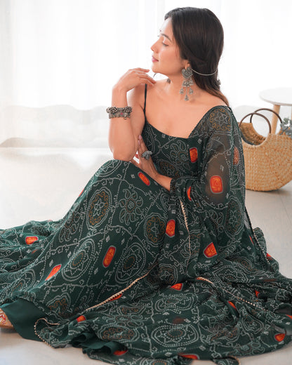 Lizza Green Bandhani Floral Pure Chiffon Anarkali Gown