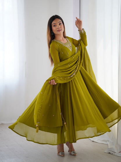 Suri Mahendi Green Embroidery Pure Georgette Anarkali Gown