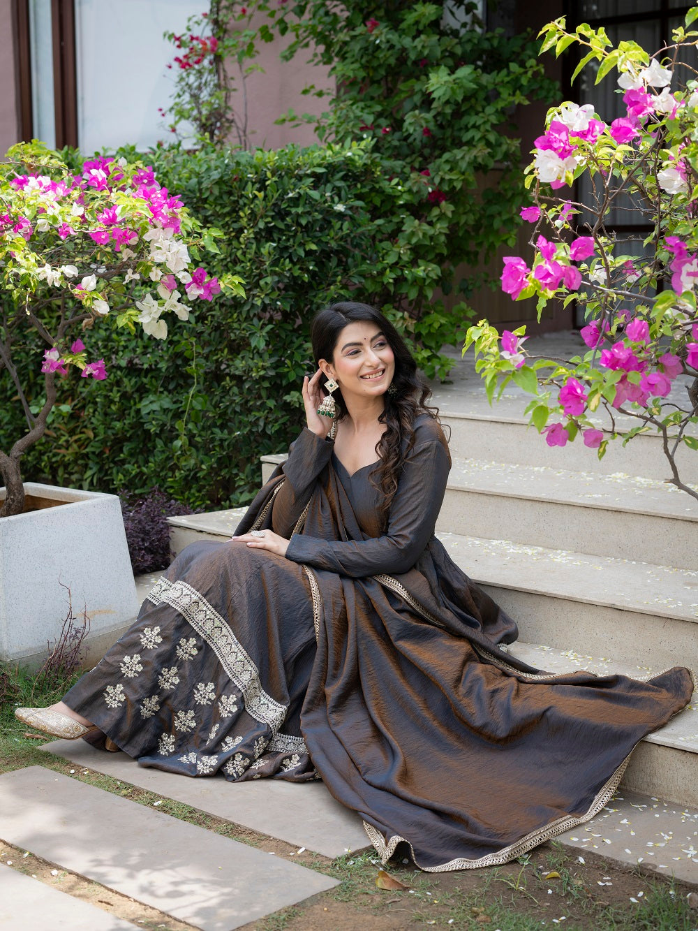 Elegant Charcoal Embroidered Anarkali Suit Set with Dupatta