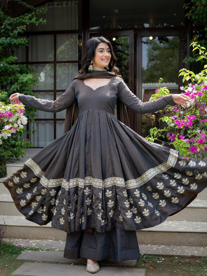 Elegant Charcoal Embroidered Anarkali Suit Set with Dupatta