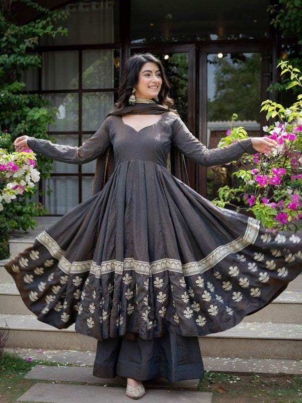 Elegant Charcoal Embroidered Anarkali Suit Set with Dupatta