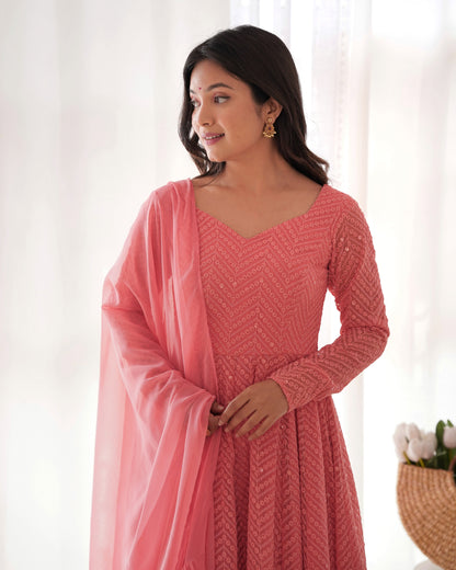 Peach Embroidery Heavy Fox Georgette Anarkali Gown