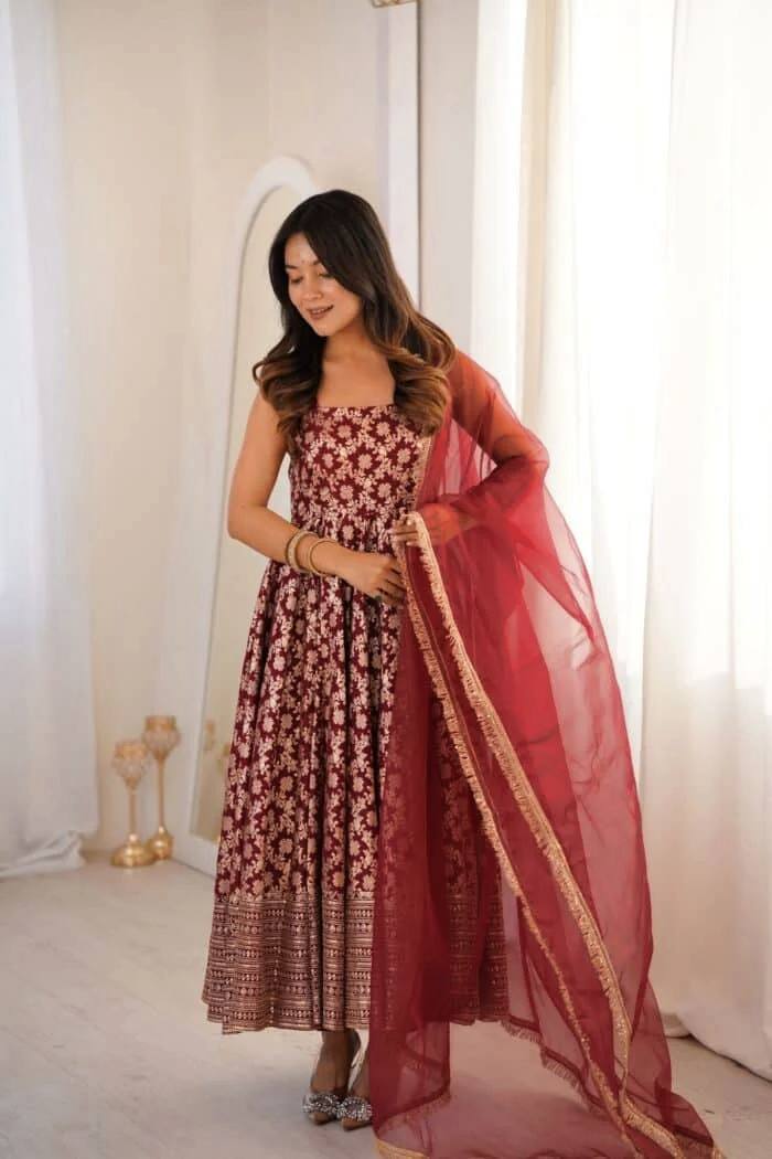 Elegant Maroon Ethnic Anarkali Gown with Dupatta