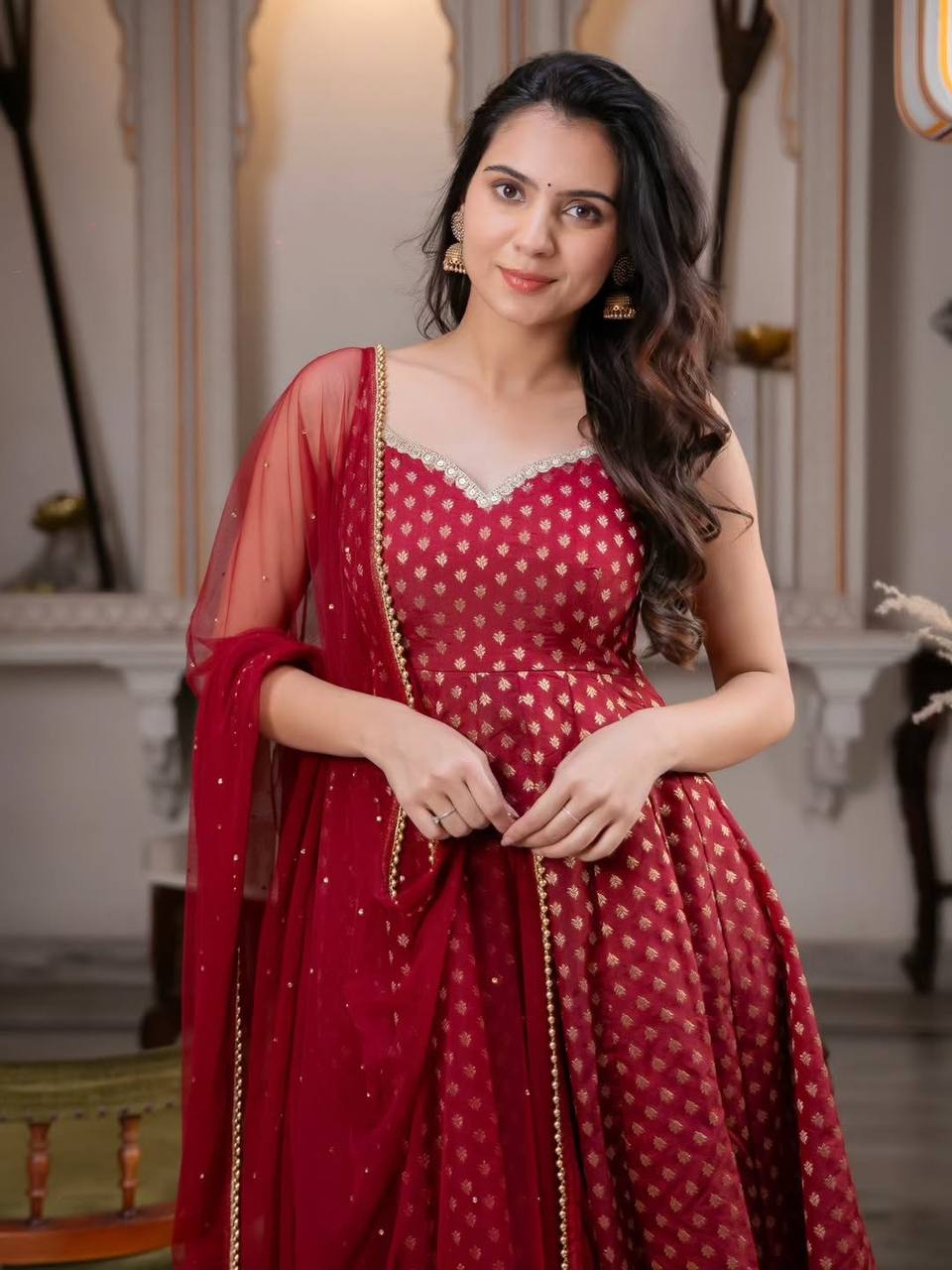 Sunshine Maroon Jacquard Anarkali Suit Set with Dupatta