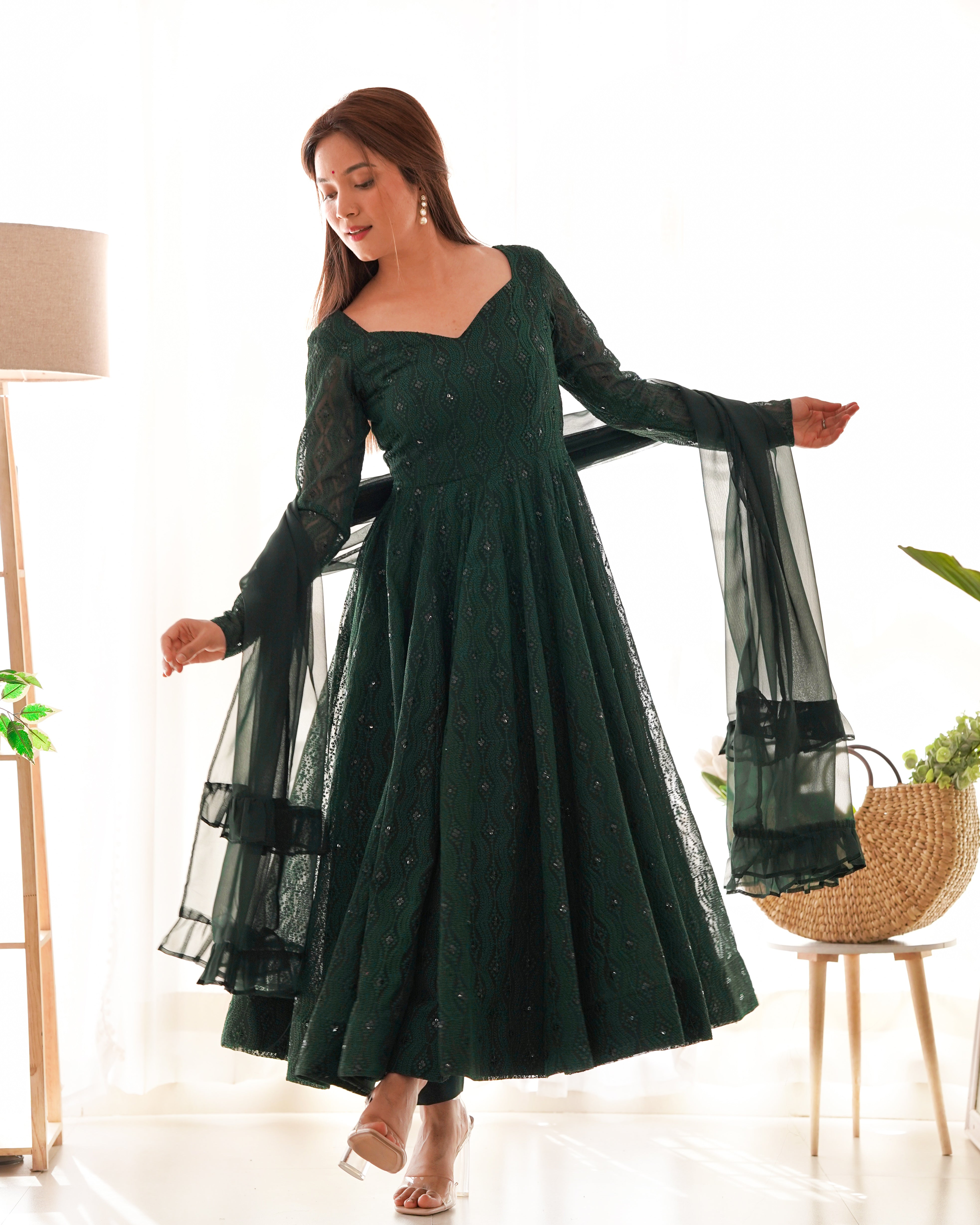 Green Embroidered Georgette Suit Set