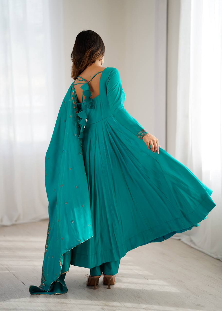 Swity Trending Rama Pure Roman Chanderi Silk Anarkali Gown