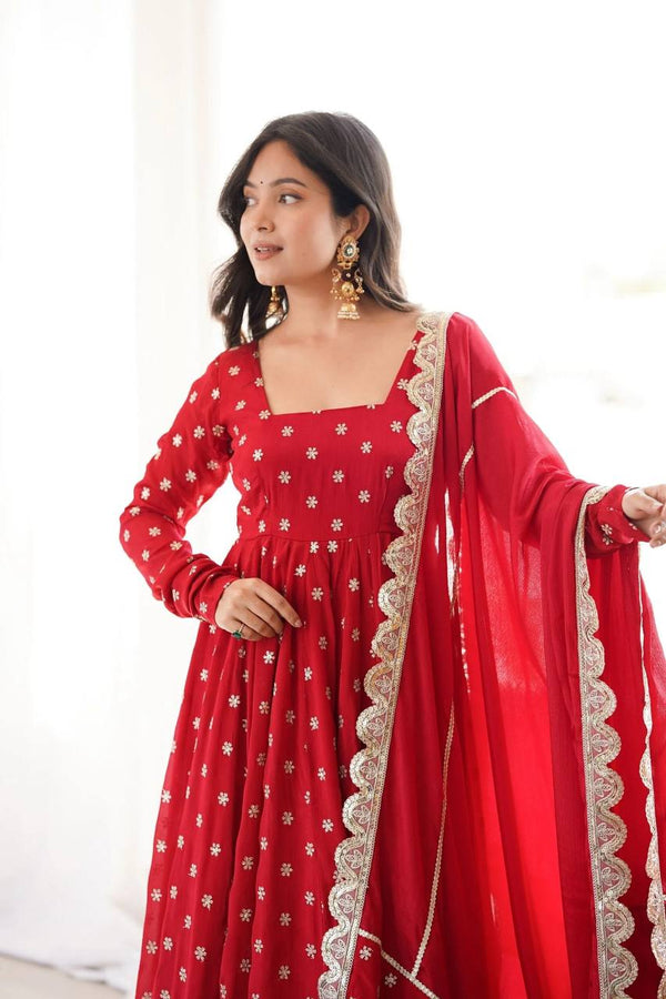 Women's Red Flared Anarkali Suit Set with Embroidered Dupatta