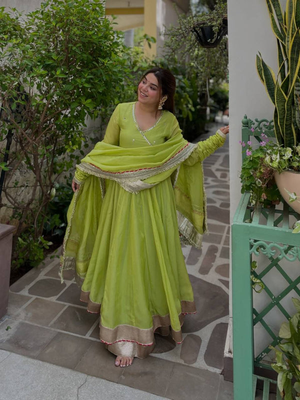 Lime Green Flared Anarkali Suit Set with Dupatta