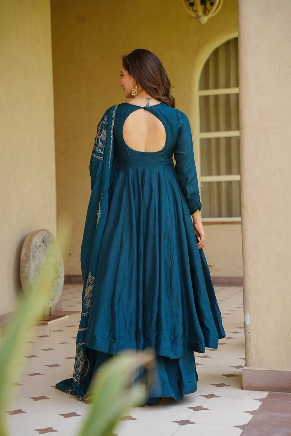 Designer Peacock Teal Embroidered Anarkali Kurta Palazzo Set