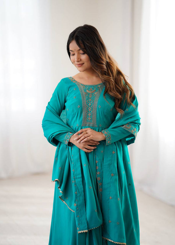 Swity Trending Rama Pure Roman Chanderi Silk Anarkali Gown