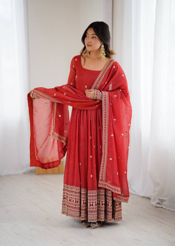 Trending Red Pure Crunchy Silk Anarkali Gown