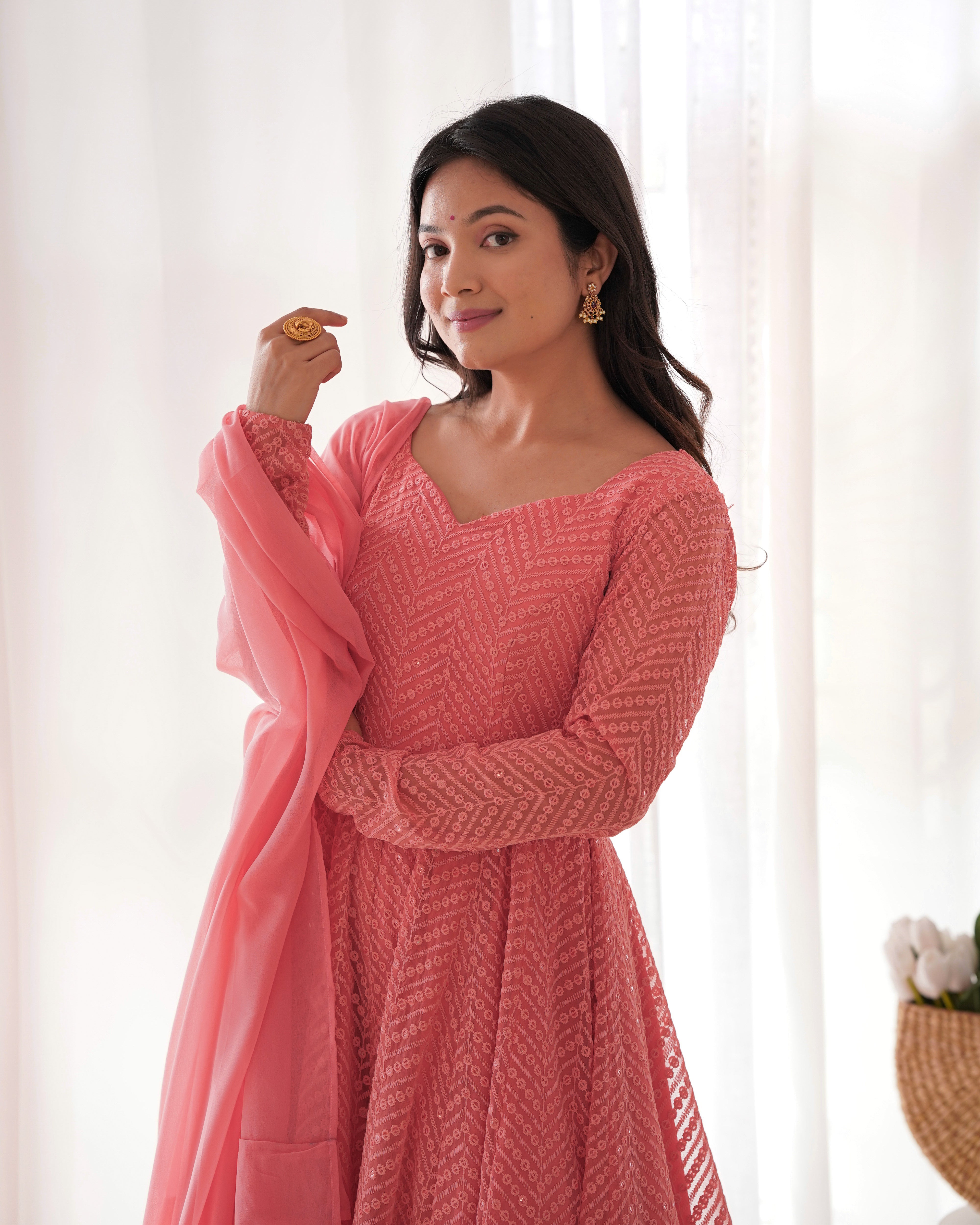 Peach Embroidery Heavy Fox Georgette Anarkali Gown