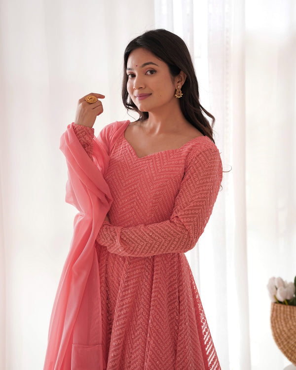 Peach Embroidery Heavy Fox Georgette Anarkali Gown
