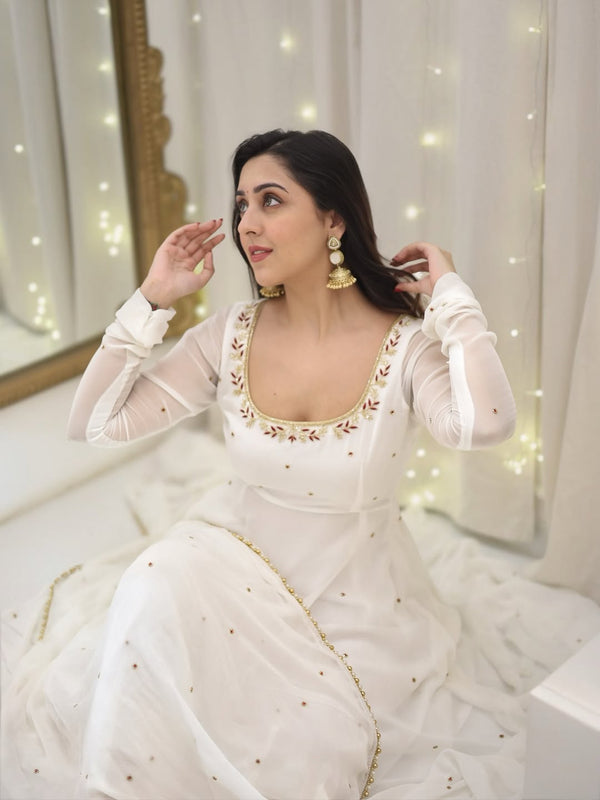 Bindiya White Faux Georgette Embroidered Suit Set