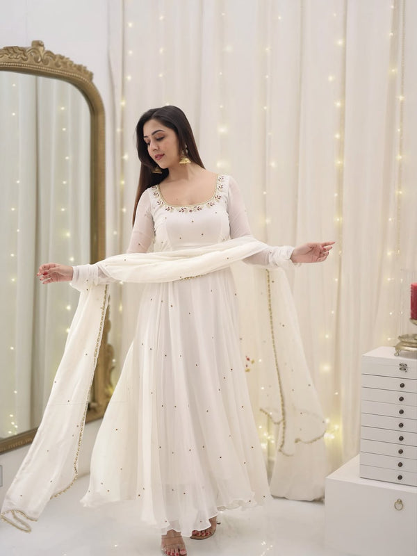 Bindiya White Faux Georgette Embroidered Suit Set