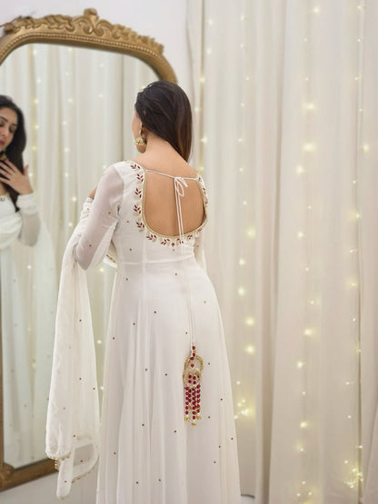 Bindiya White Faux Georgette Embroidered Suit Set