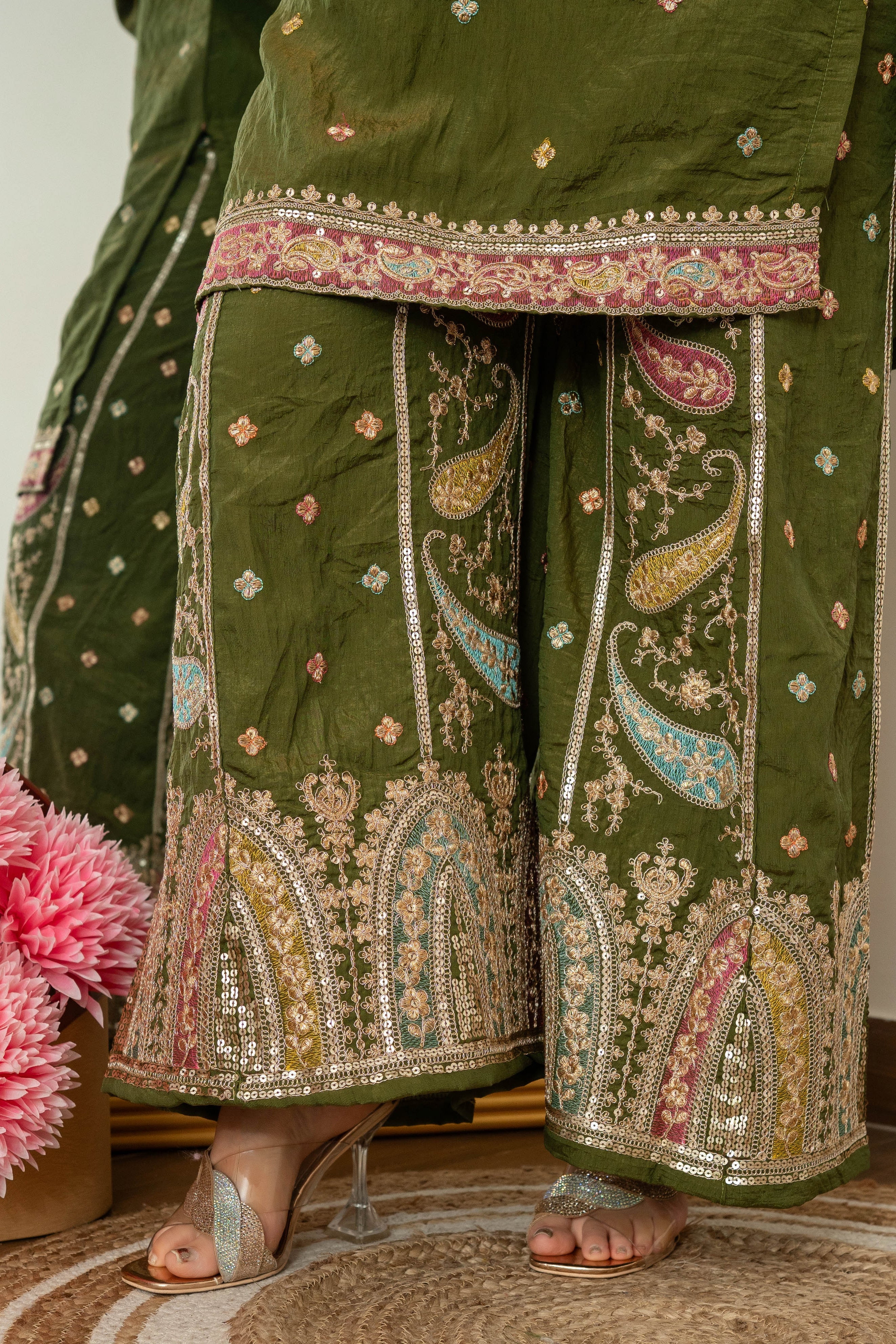 Zehra Green Embroidered Kurta Palazzo Dupatta Suit Set