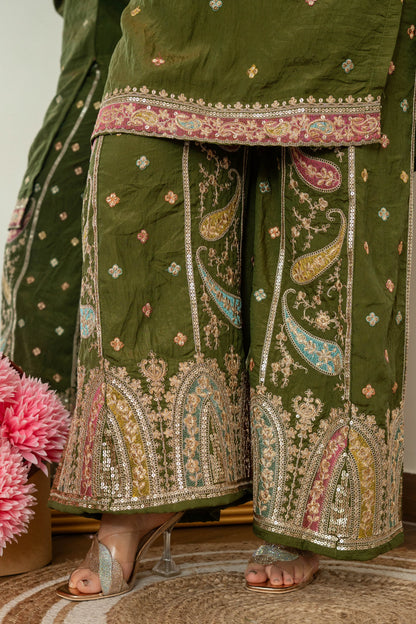 Zehra Green Embroidered Kurta Palazzo Dupatta Suit Set