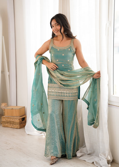 Aafreen Pink and Green Embroidered Kurta Sharara Set with Dupatta