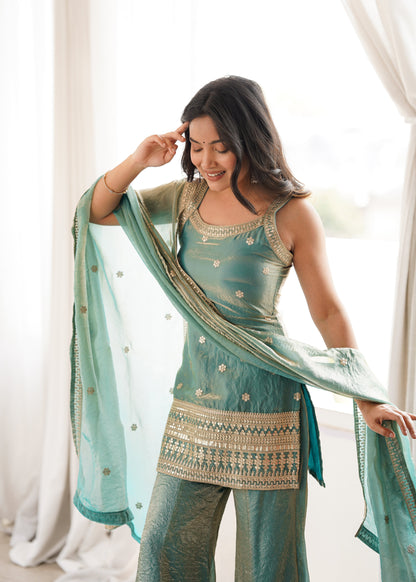 Aafreen Pink and Green Embroidered Kurta Sharara Set with Dupatta
