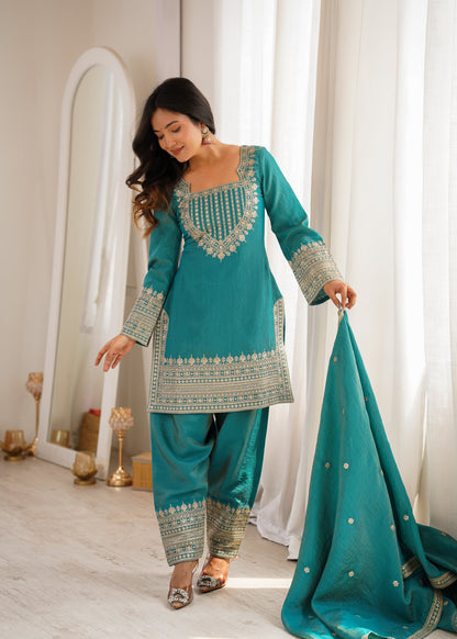Traditional Sage Embroidered Punjabi Suit Set