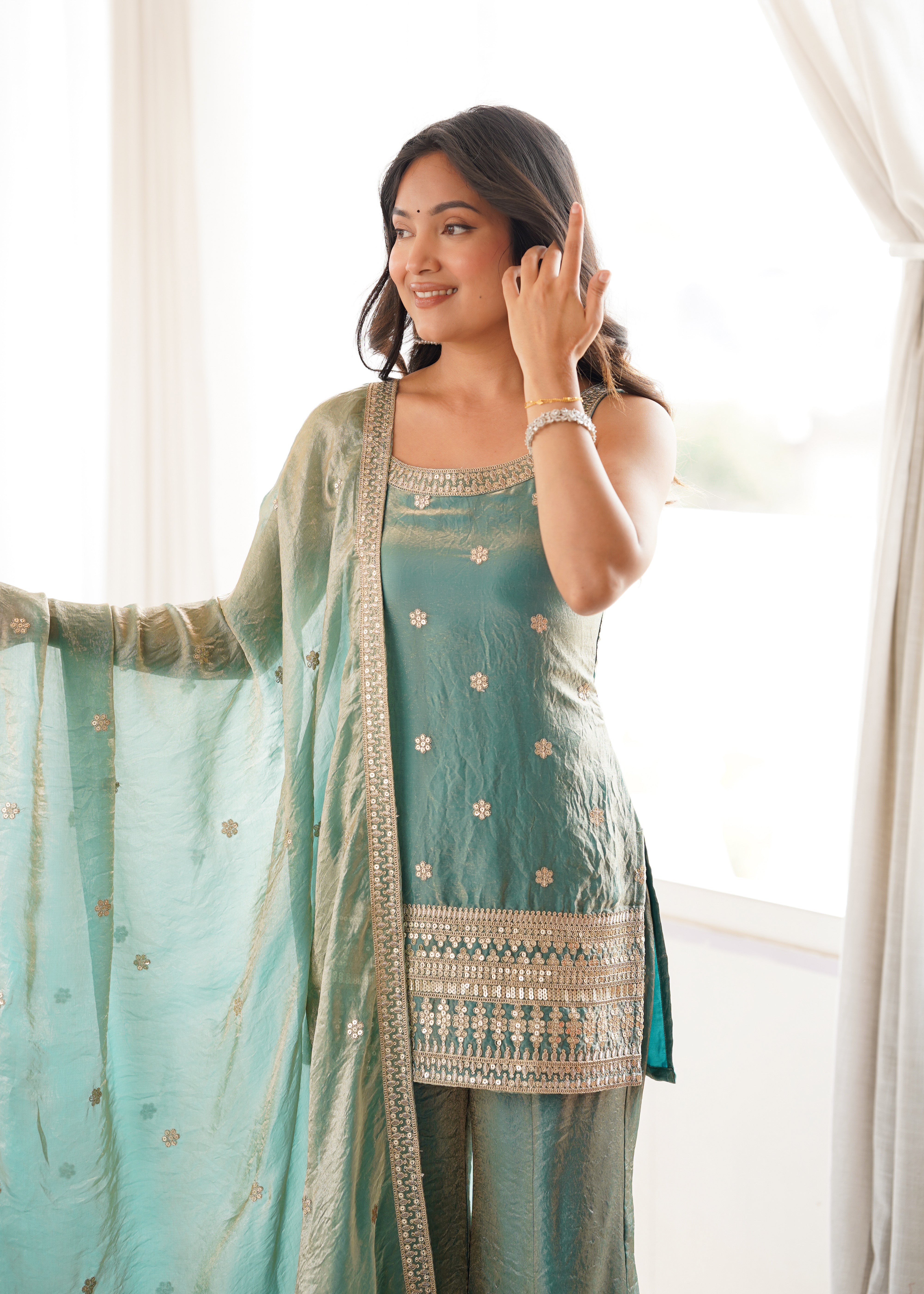 Aafreen Pink and Green Embroidered Kurta Sharara Set with Dupatta