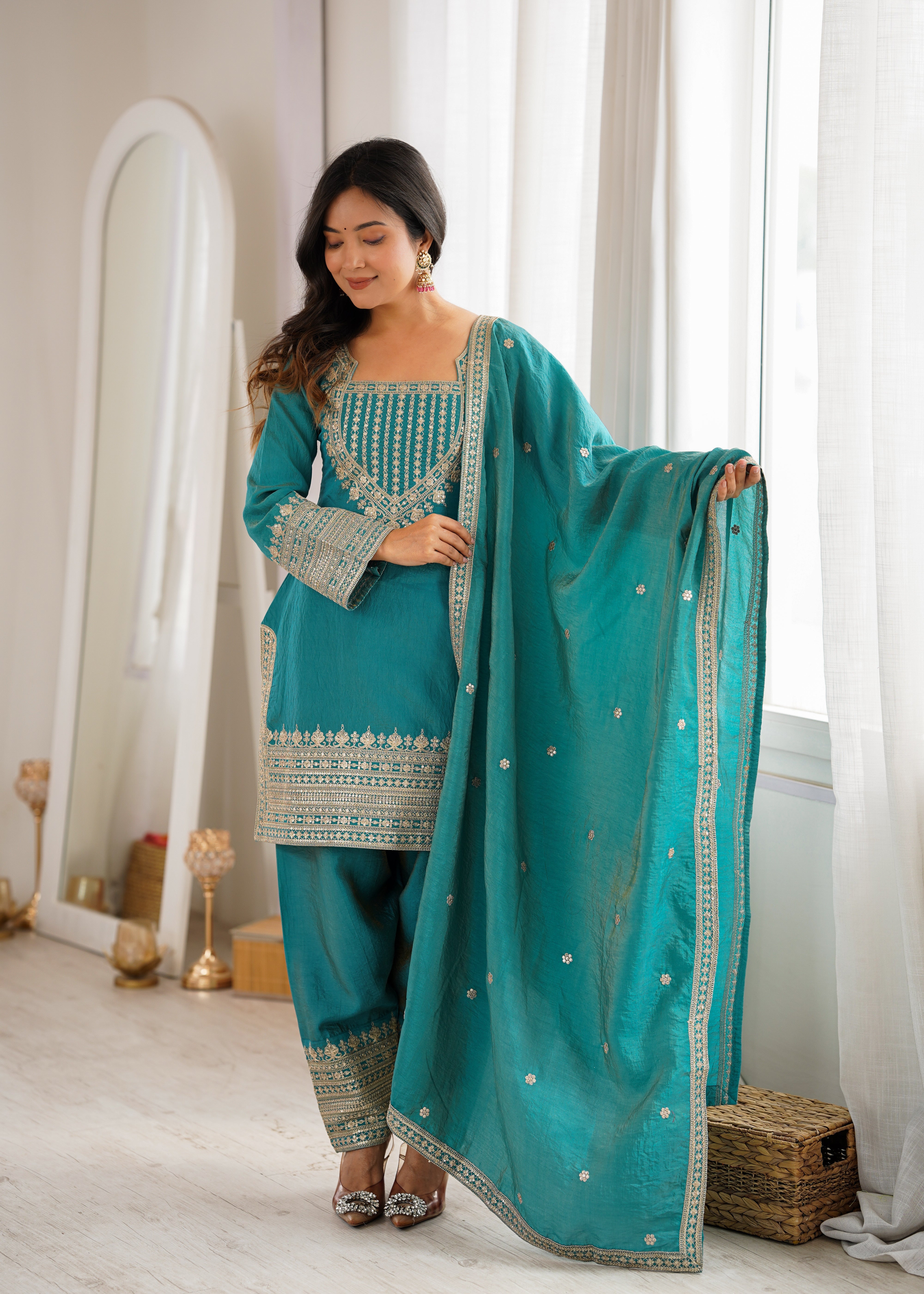 Traditional Sage Embroidered Punjabi Suit Set