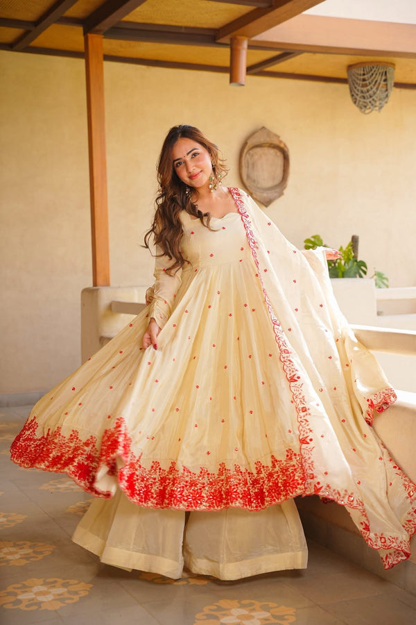 Traditional Cream Floral Border Anarkali Suit with Dupatta