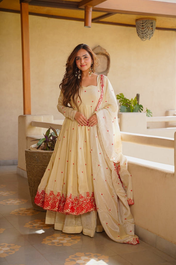 Traditional Cream Floral Border Anarkali Suit with Dupatta