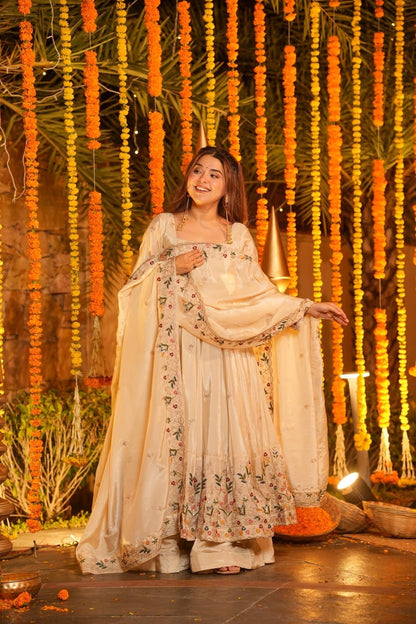 Aarini Cream Embroidered Anarkali Suit Set