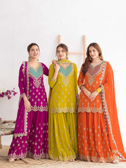 Multi Colored Heavy Embroidery Work Sharara Suit Set