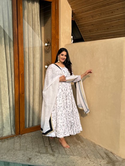 Classic Ivory Floral Anarkali with Dupatta