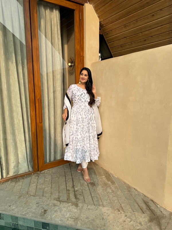Classic Ivory Floral Anarkali with Dupatta