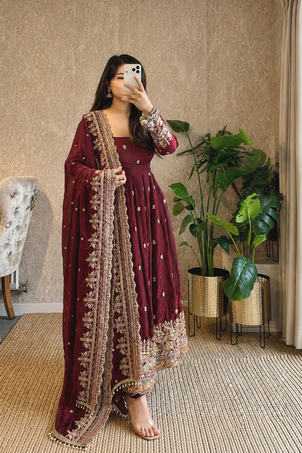 Diya Maroon Embroidered Anarkali Suit Set with Dupatta