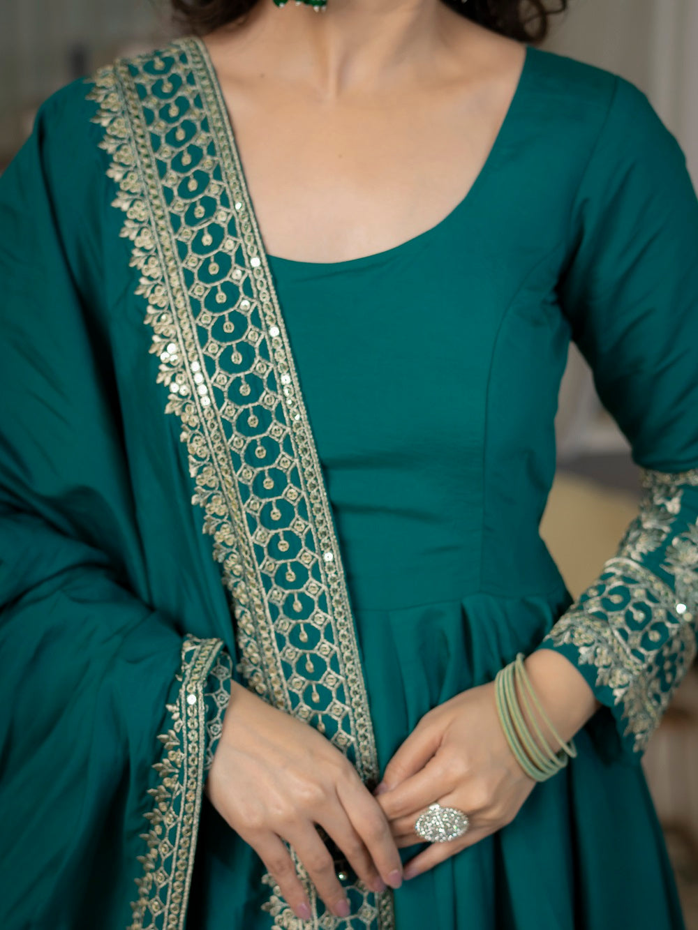 Traditional Rama Anarkali Gown with Heavy Embroidery