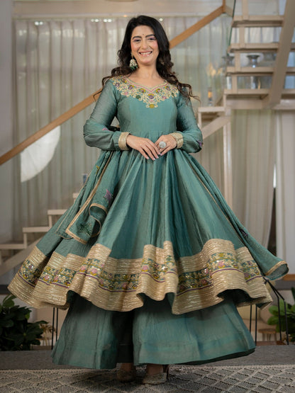 Designer Anarkali Suit Set with Rich Border & Neck Embroidery