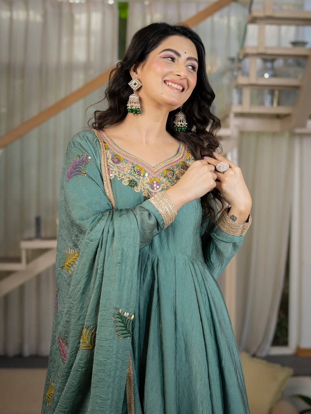 Designer Anarkali Suit Set with Rich Border & Neck Embroidery