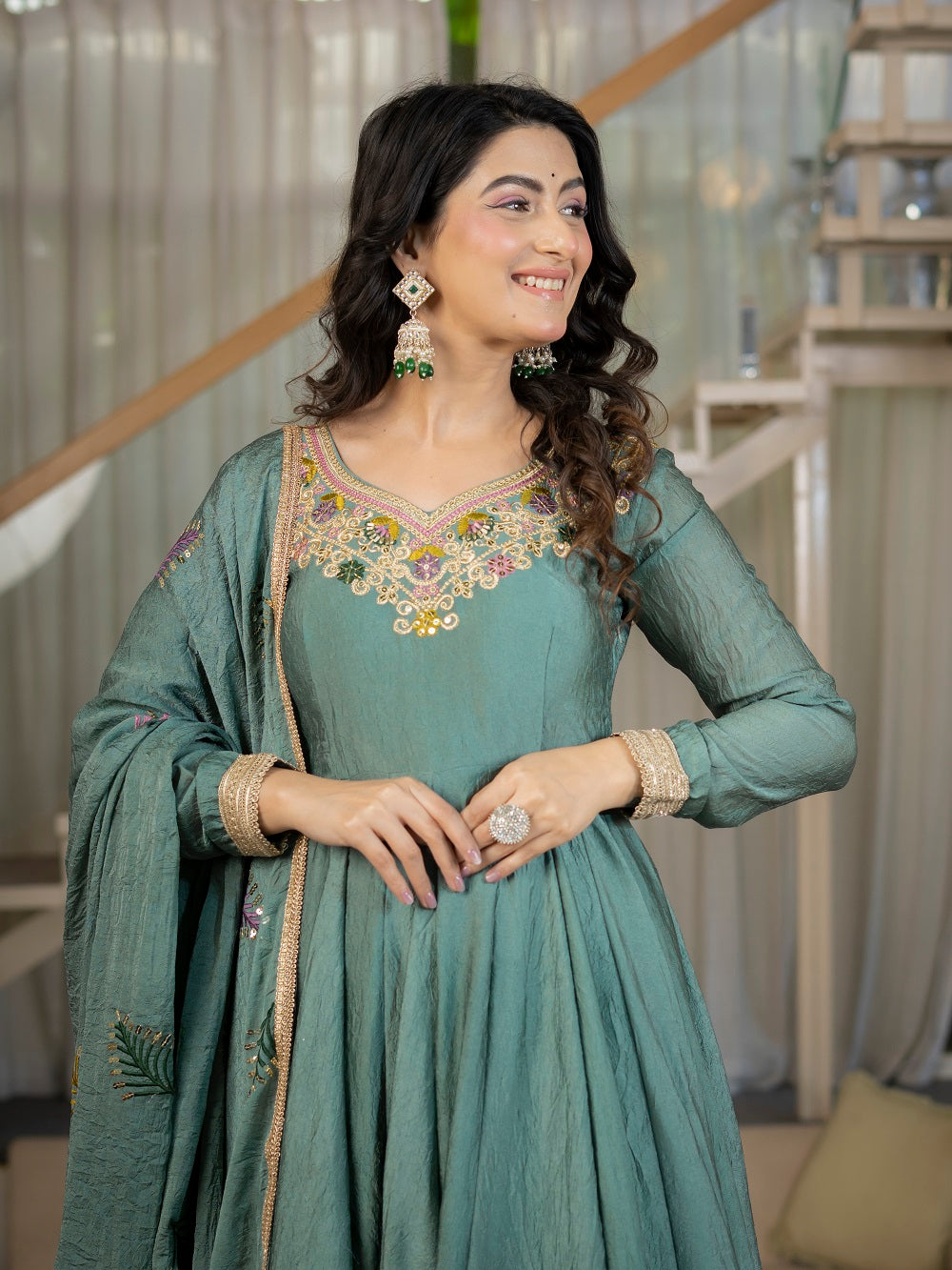 Designer Anarkali Suit Set with Rich Border & Neck Embroidery