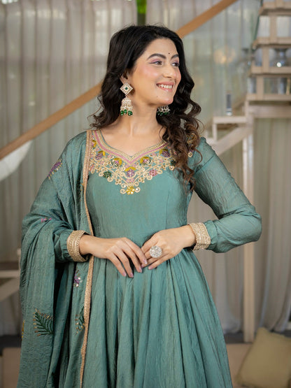 Designer Anarkali Suit Set with Rich Border & Neck Embroidery